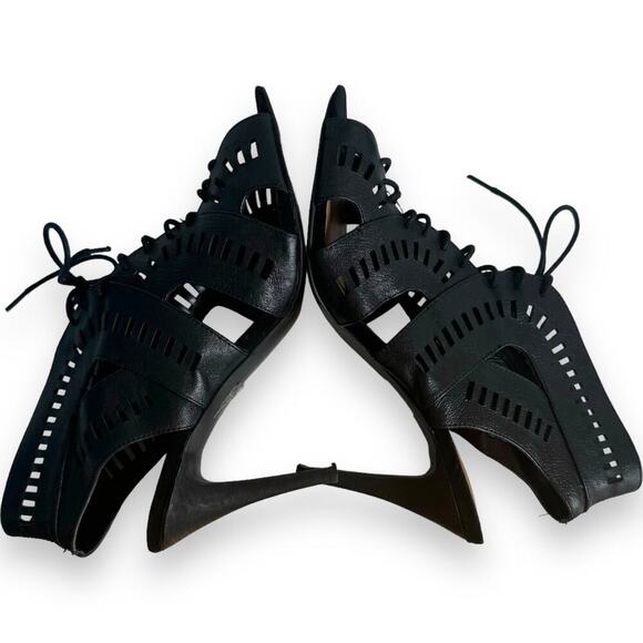 Nine West Black Leather Open Toe Lace Up Heels Ankle Bootie Women’s Size 8 - Picture 8 of 9